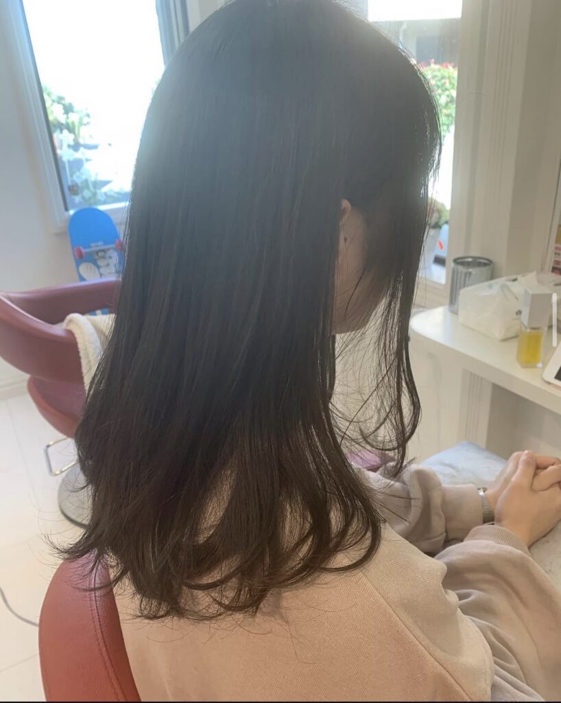 顔まわりと毛先にレイヤーを入れた暗髪のミディアムロングスタイル