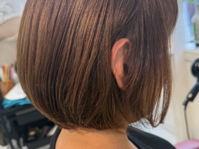 長い髪からカットした丸みボブの右斜め後ろ姿。ベージュ系カラーのやわらかな色合いと内側に収まる毛先