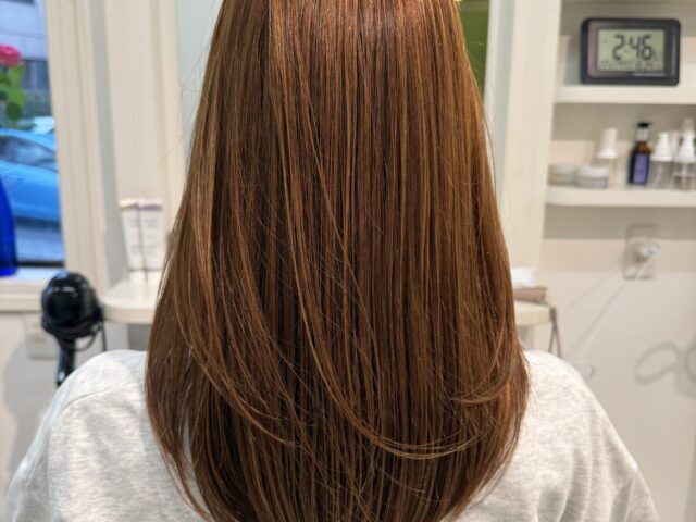 明るいアッシュベージュのロングヘアの後ろ姿。背中に沿って流れる髪と丸みのある毛先